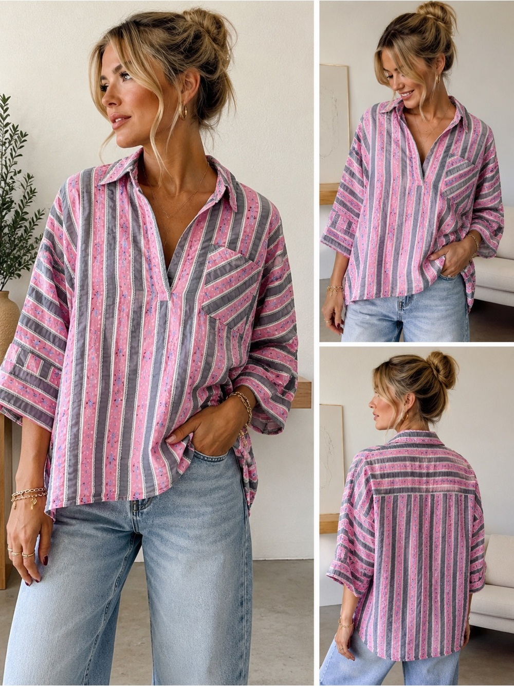 GANNI Pink Gray Striped Floral Oversized Popover Blouse Shirt S/M
